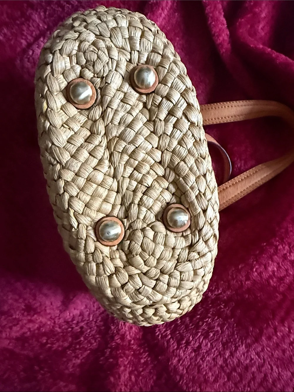 Michael Kors Basket Weave Straw Mini Tote with Tan Leather Trim.